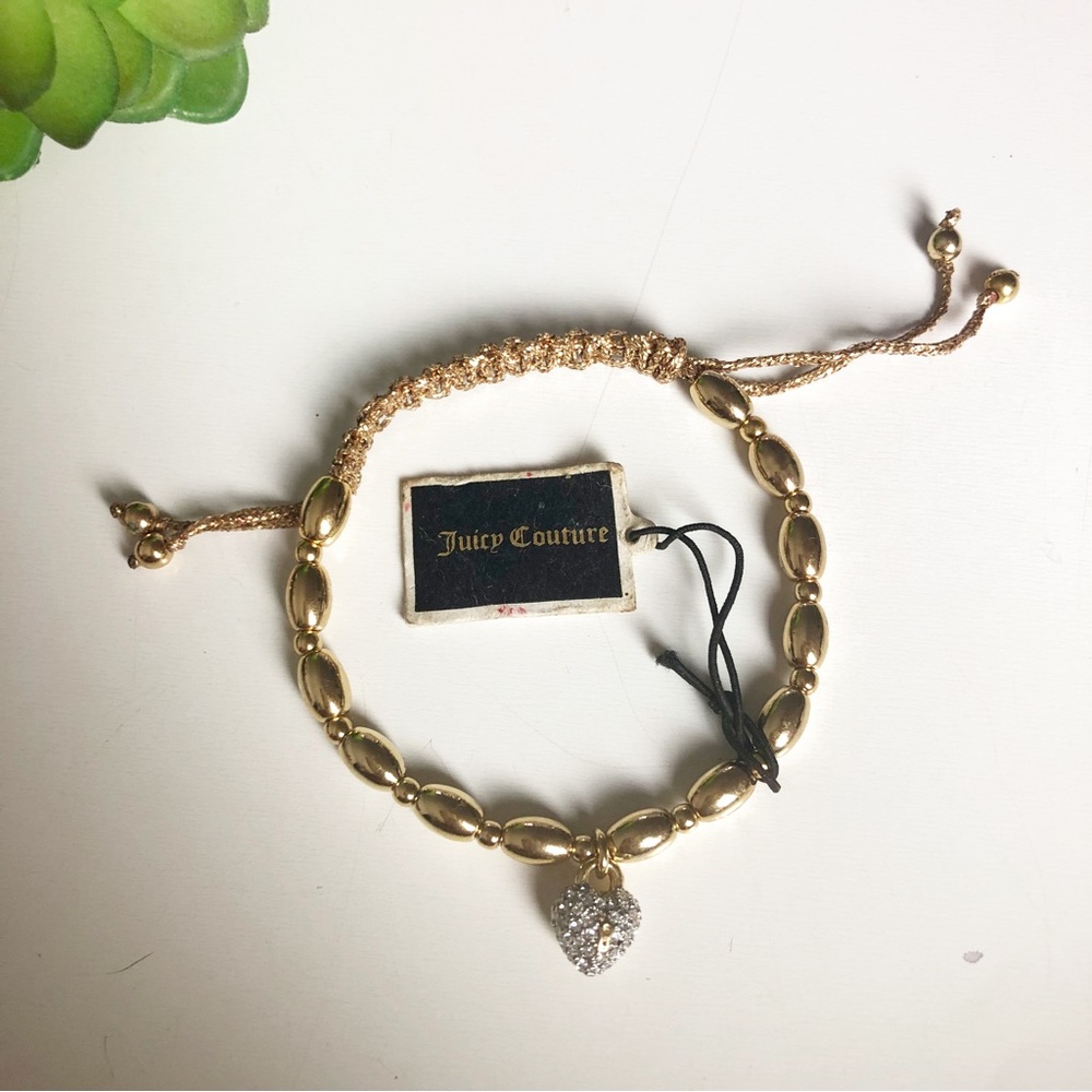 NWT JUICY COUTURE Gold Tone Bead Bracelet with Tiny Jeweled Heart Lock Charm